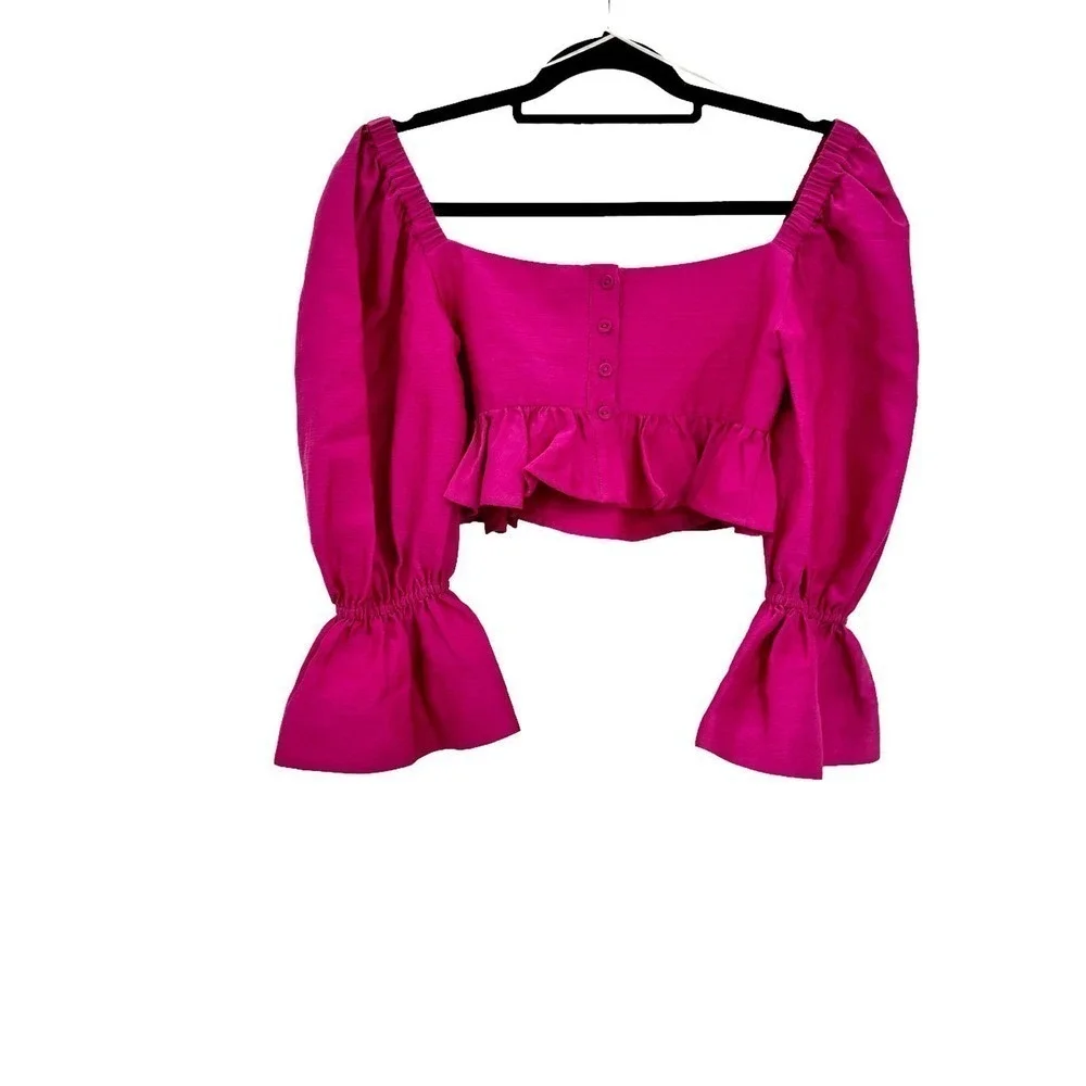 ALEMAIS Blaire Ruffle Blouson Crop Top Pink Puff Silk Cotton Size 4 NWOT